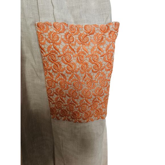 Vintage 50s L'Aiglon Linen Embroidered Shirt Dress Tan Orange Floral Button - Picture 5 of 5